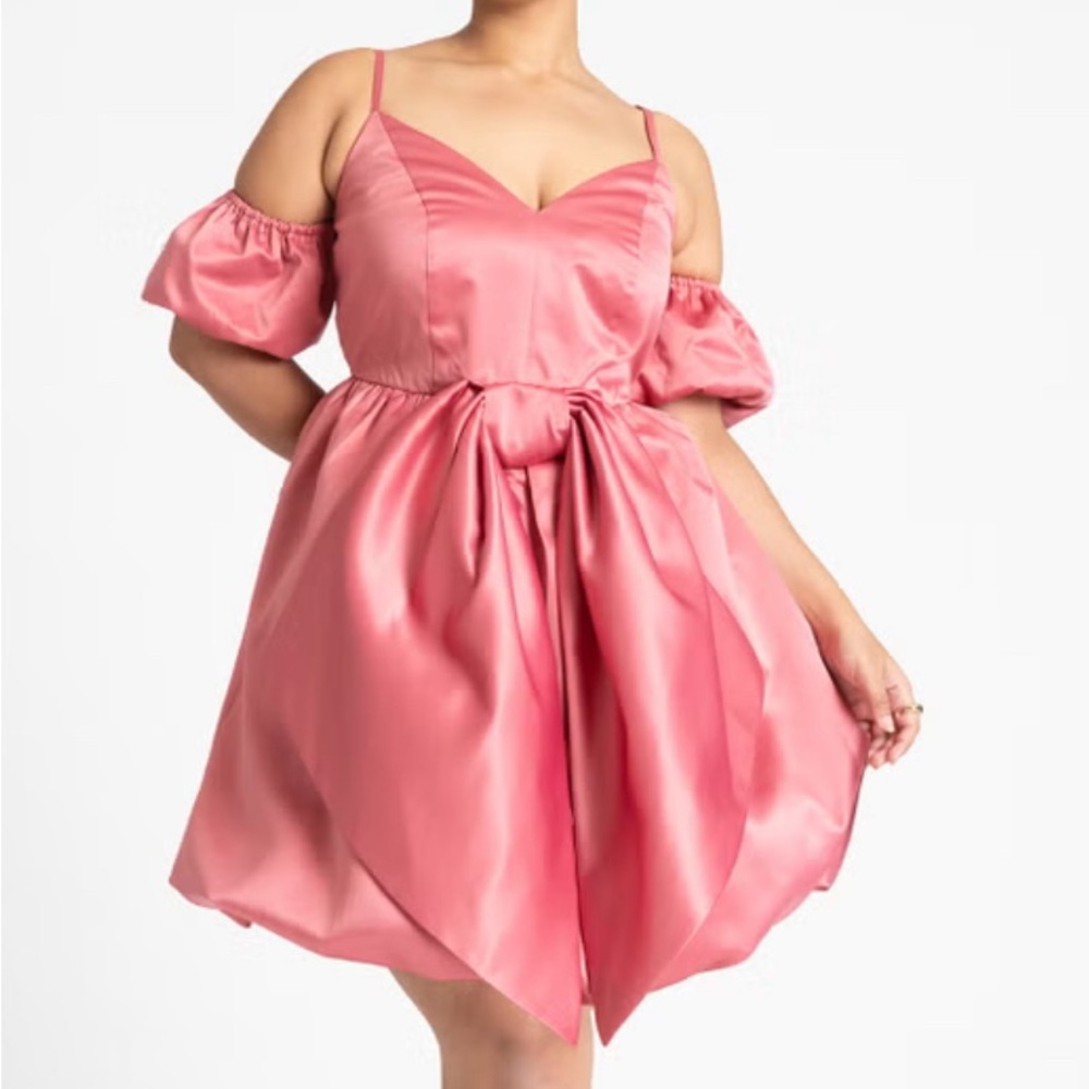 Eloquii Pink Puff Sleeve Mini Dress with Bow